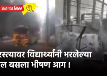 भररस्त्यावर विद्यार्थ्यांनी भरलेल्या स्कूल बसला भीषण आग !