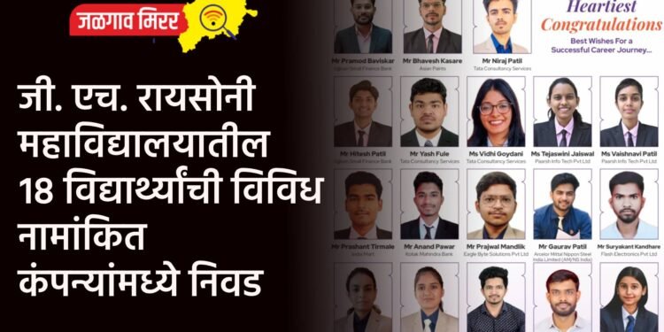 जी. एच. रायसोनी महाविद्यालयातील १८ विद्यार्थ्यांची विविध नामांकित कंपन्यांमध्ये निवड