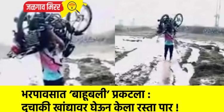 भरपावसात ‘बाहूबली’ प्रकटला : दुचाकी खांद्यावर घेऊन केला रस्ता पार !