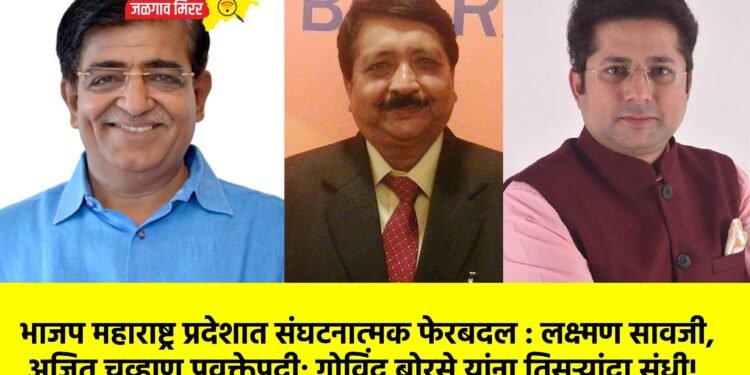 भाजप महाराष्ट्र प्रदेशात संघटनात्मक फेरबदल : लक्ष्मण सावजी, अजित चव्हाण प्रवक्तेपदी; गोविंद बोरसे यांना तिसऱ्यांदा संधी!
